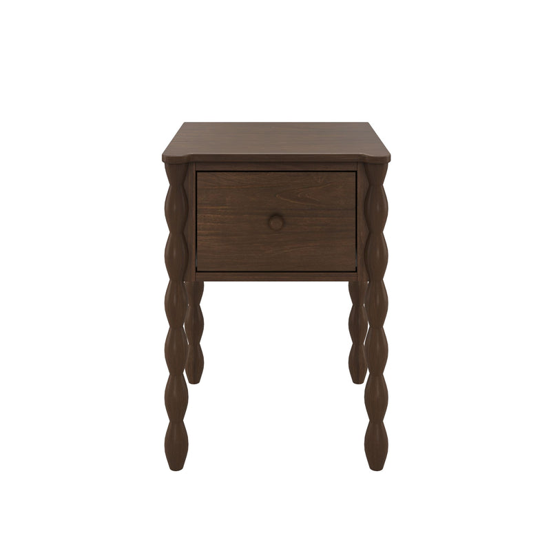 Dark brown wooden bedside table nightstand with single drawer and turned spindle legs, rustic farmhouse end table