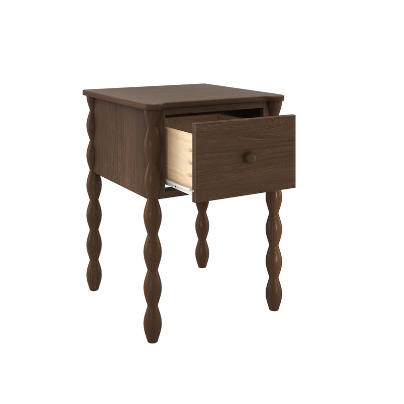 Dark walnut wooden nightstand with turned spindle legs and open drawer, rustic bedside table for bedroom storage