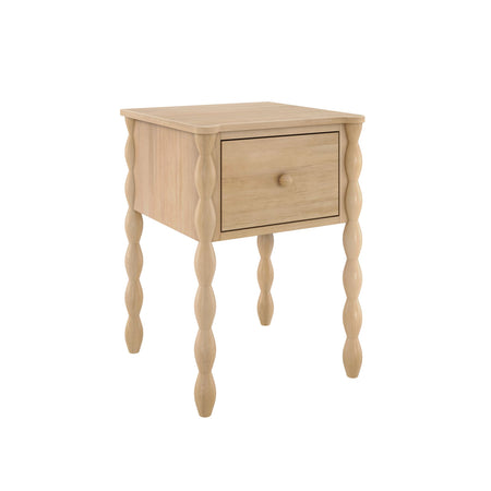 Light natural wood bedside table with single drawer and turned spindle legs, modern farmhouse nightstand