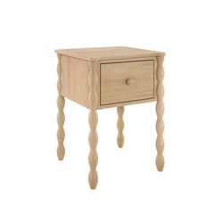 Light oak wooden nightstand with single drawer and turned spindle legs, farmhouse-style bedside table