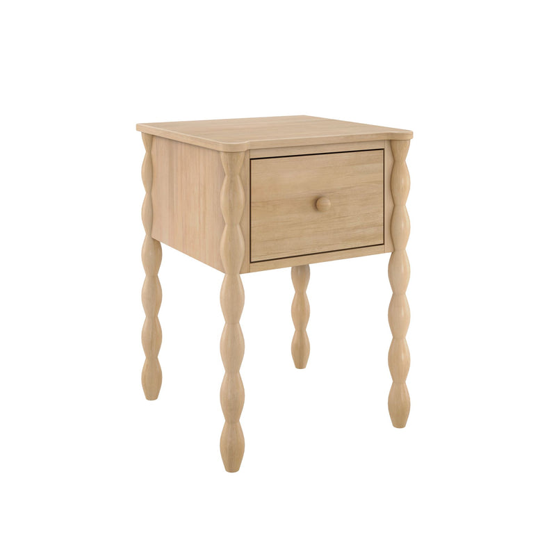 Light oak wooden nightstand with single drawer and turned spindle legs, farmhouse-style bedside table