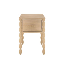 Light natural wood nightstand with single drawer and decorative turned legs – compact bedside table for farmhouse or rustic bedroom