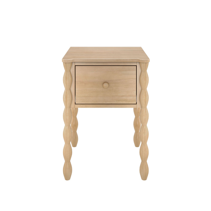 Light natural wood nightstand with single drawer and decorative turned legs – compact bedside table for farmhouse or rustic bedroom