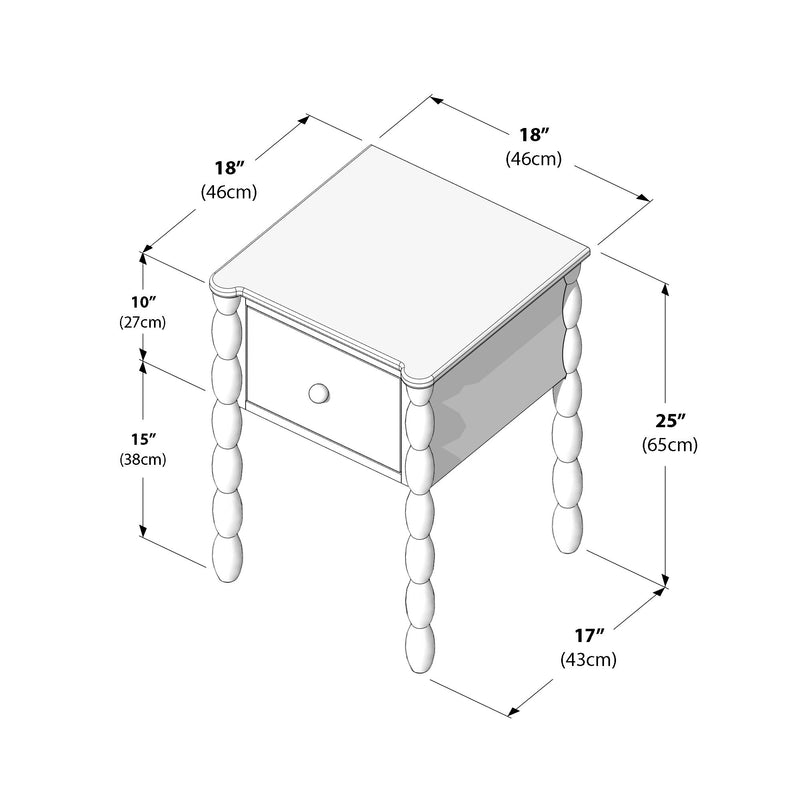 Isometric diagram of a turned-spindle leg nightstand/side table with one drawer, labeled dimensions 18" x 17" x 25" (46 x 43 x 65 cm)