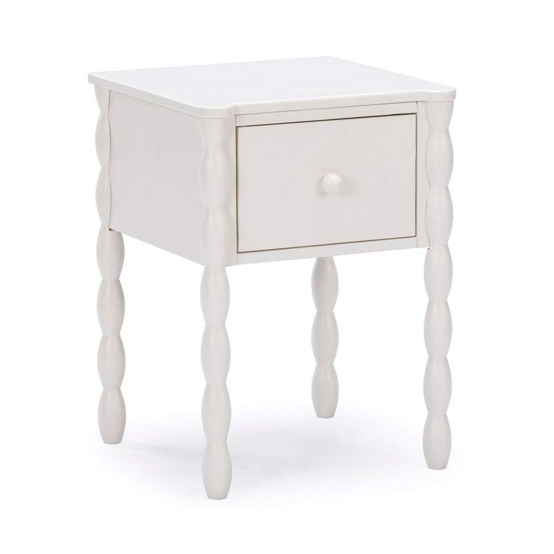 White farmhouse-style bedside table nightstand with single drawer and turned spindle legs, accent table for bedroom
