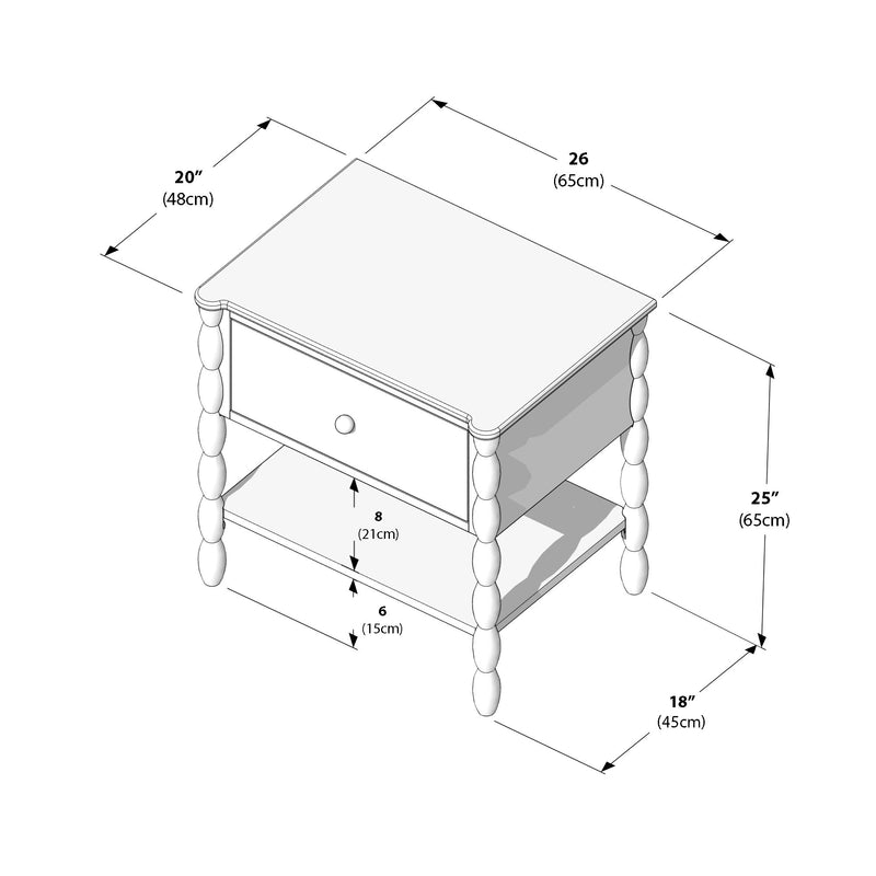Isometric line drawing of a small spindle-leg nightstand with single drawer and lower shelf, dimensions 26×20×25 in (65×48×65 cm) with shelf clearances 8 in (21 cm) and 6 in (15 cm)