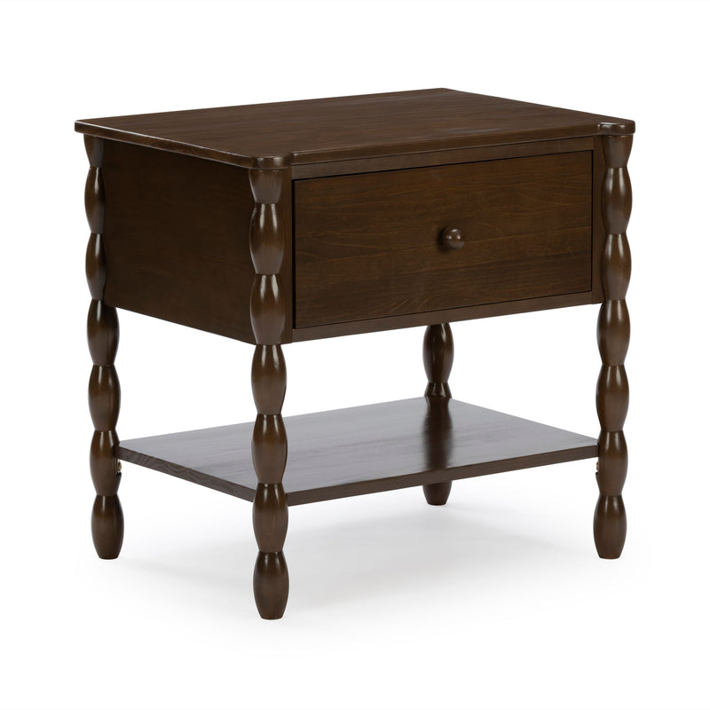 Dark brown wooden end table nightstand with turned spindle legs, single drawer with round knob and lower shelf — farmhouse-style bedroom side table