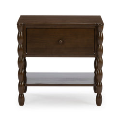 Dark brown wooden nightstand with single drawer, turned spindle legs and lower shelf in espresso finish bedroom end table