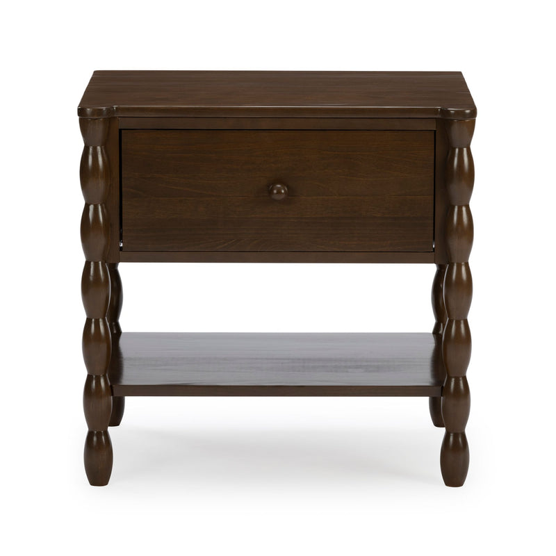 Dark brown wooden nightstand with single drawer, turned spindle legs and lower shelf in espresso finish bedroom end table