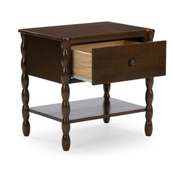 Dark brown wooden farmhouse nightstand with turned spindle legs, single open drawer with round knob and lower shelf — traditional bedside table/end table with rich wood finish