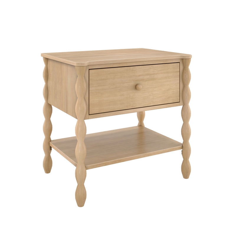 Light oak nightstand bedside table with one drawer, round knob and lower shelf, carved scalloped turned legs