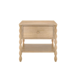 Light wood bedside table nightstand with single drawer, lower shelf and turned spindle legs, farmhouse coastal style