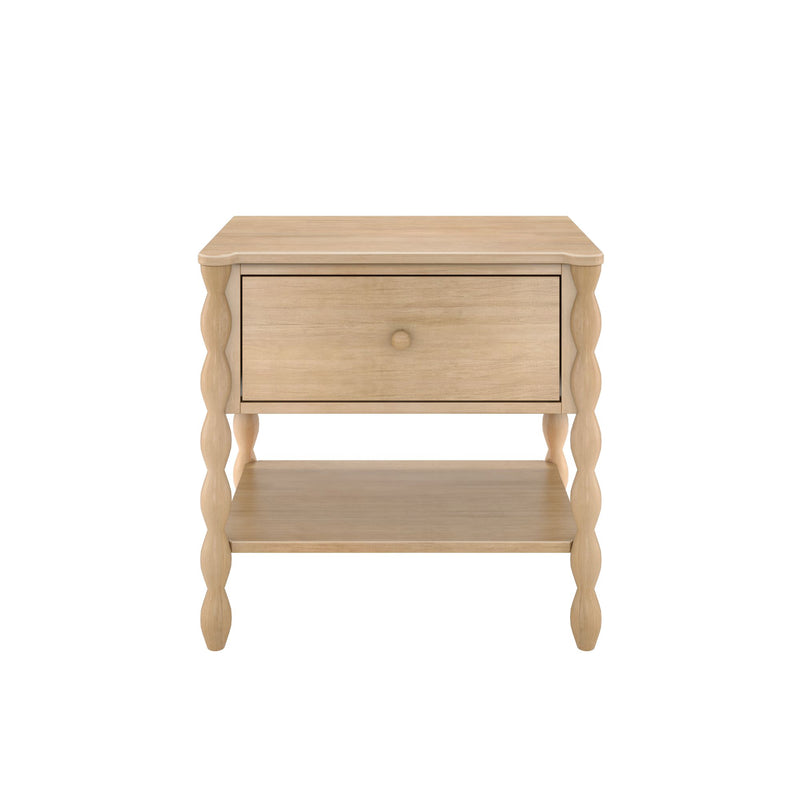 Light wood bedside table nightstand with single drawer, lower shelf and turned spindle legs, farmhouse coastal style