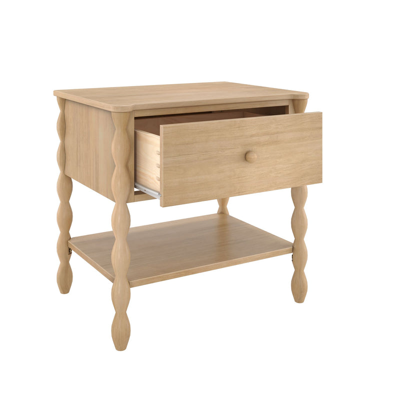 Light wood bedside table with turned spindle legs, single pull-out drawer and lower shelf, natural oak finish nightstand for bedroom storage