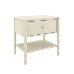 Ivory painted wood nightstand with turned spindle legs, single drawer and open lower shelf — farmhouse-style bedside table
