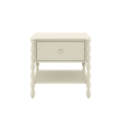 Cream finish wooden nightstand with one drawer, lower shelf and turned spindle legs — classic farmhouse bedside table