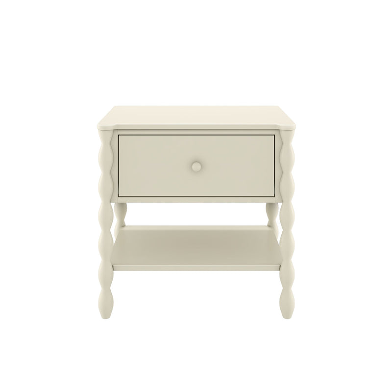 Cream finish wooden nightstand with one drawer, lower shelf and turned spindle legs — classic farmhouse bedside table