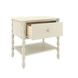 Cream wooden nightstand with open drawer, lower shelf and turned spindle legs — farmhouse-style beige bedside table for bedroom storage
