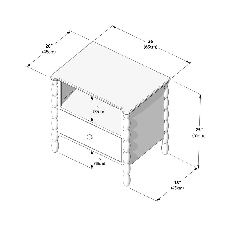 Spindle-leg bedside table nightstand with open shelf and single drawer, dimensions 26" W x 20" D x 25" H (65 x 48 x 65 cm), shelf height 9" (22 cm) and drawer height 6" (15 cm) – isometric measurement diagram