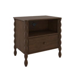 Dark brown wooden nightstand with twisted spindle legs, single drawer, open shelf and built-in power outlet with USB ports