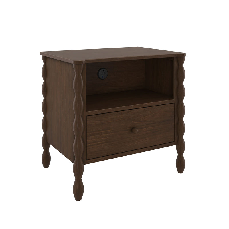 Dark brown wooden nightstand with twisted spindle legs, single drawer, open shelf and built-in power outlet with USB ports