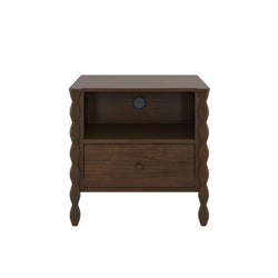Dark brown wooden nightstand with carved spindle legs, single drawer and open shelf, built-in power outlet and USB ports, modern farmhouse bedside table