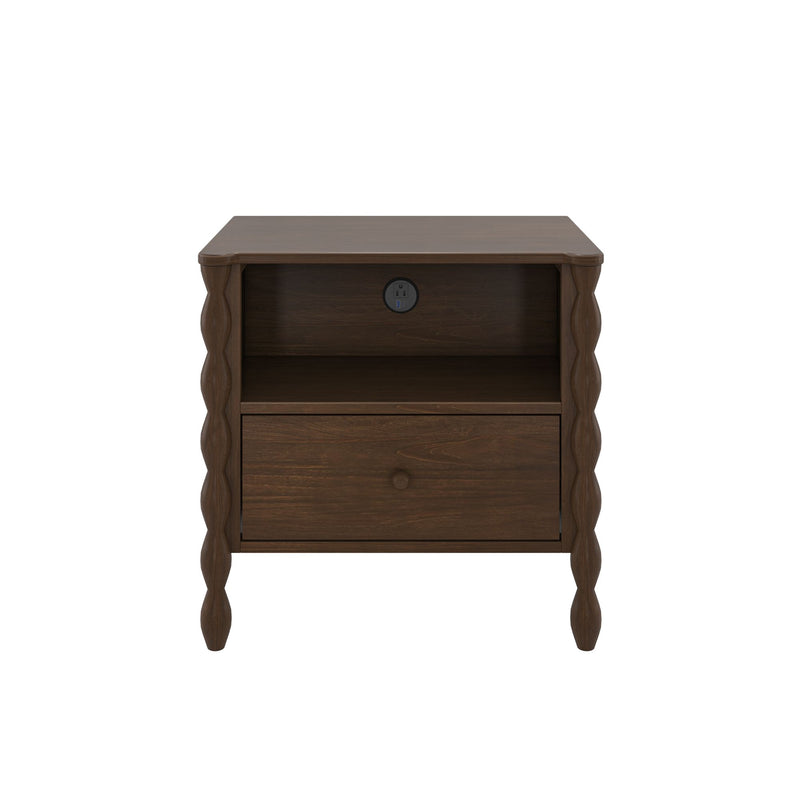 Dark brown wooden nightstand with carved spindle legs, single drawer and open shelf, built-in power outlet and USB ports, modern farmhouse bedside table