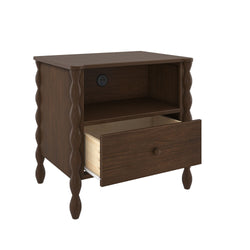 Dark walnut bedside nightstand with turned carved legs, single pull-out drawer, open shelf and built-in power outlet with USB ports