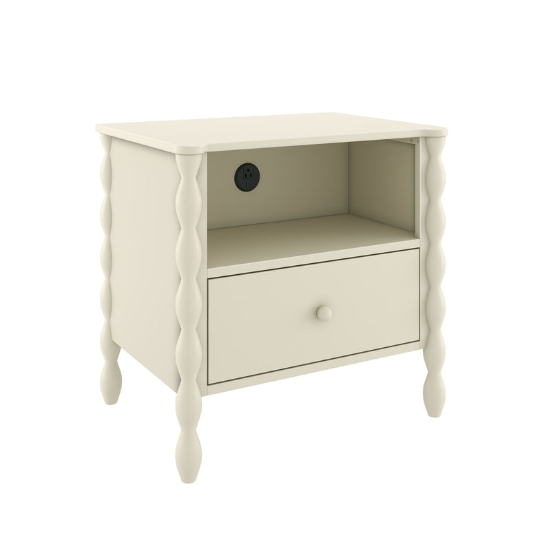 Cream wooden nightstand bedside table with one drawer, open shelf, decorative turned legs and built-in power outlet, modern farmhouse bedroom furniture