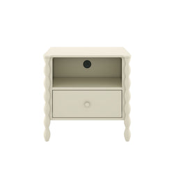 Cream bedside table nightstand with one drawer, open shelf and built-in power outlet, decorative twisted spindle legs
