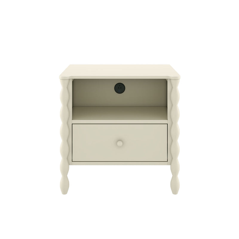 Cream bedside table nightstand with one drawer, open shelf and built-in power outlet, decorative twisted spindle legs