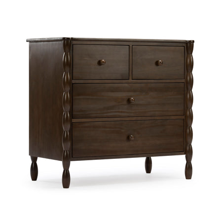Dark brown wooden 4-drawer dresser with turned spindle legs and round knob pulls, classic bedroom chest of drawers