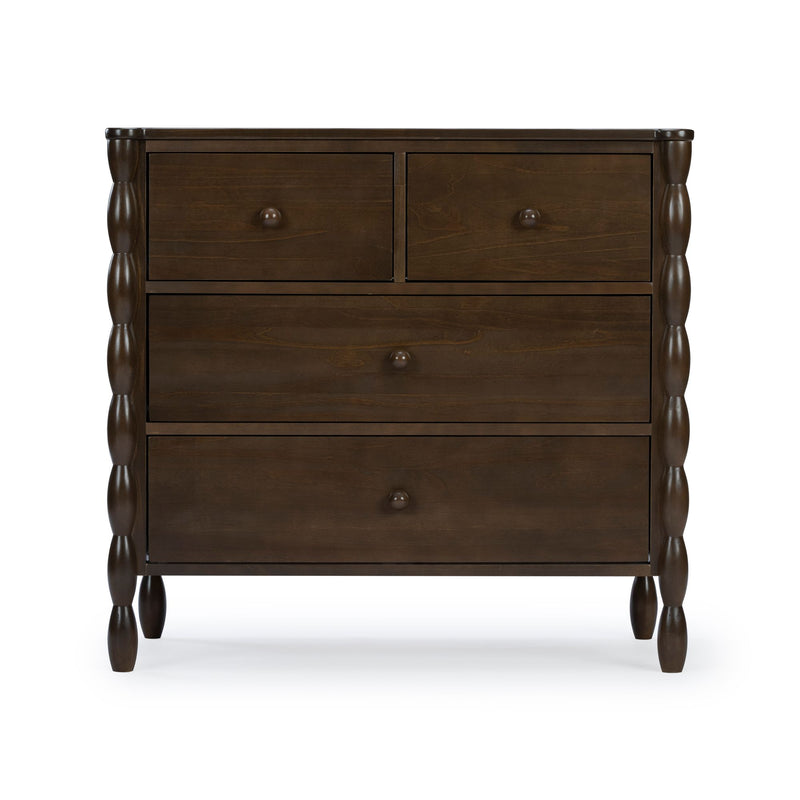 Dark brown four-drawer wooden dresser with two small top drawers, turned spindle legs and round knobs — classic bedroom chest