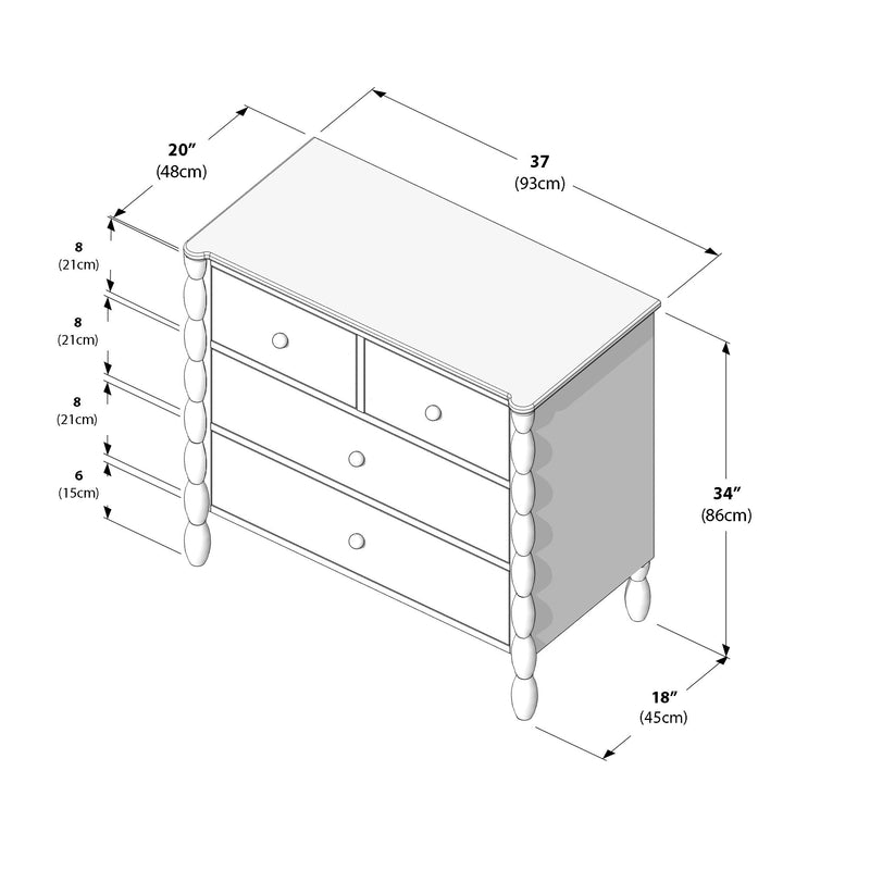 Isometric schematic of a four-drawer dresser with two small top drawers and two full-width lower drawers, turned spindle legs, and overall dimensions 37 in W × 20 in D × 34 in H (93 × 48 × 86 cm).