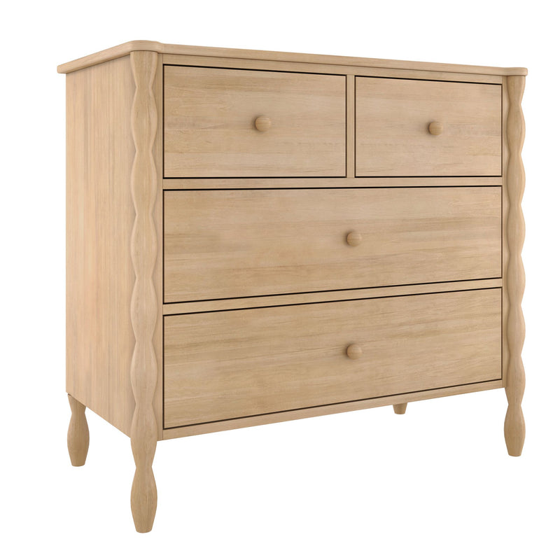 Natural light wood 4-drawer bedroom dresser chest with two small top drawers, round wooden knobs and carved turned legs