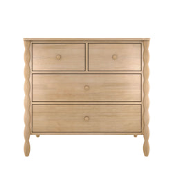 Light natural wood four-drawer dresser with turned scalloped legs and round knobs — modern farmhouse bedroom storage chest