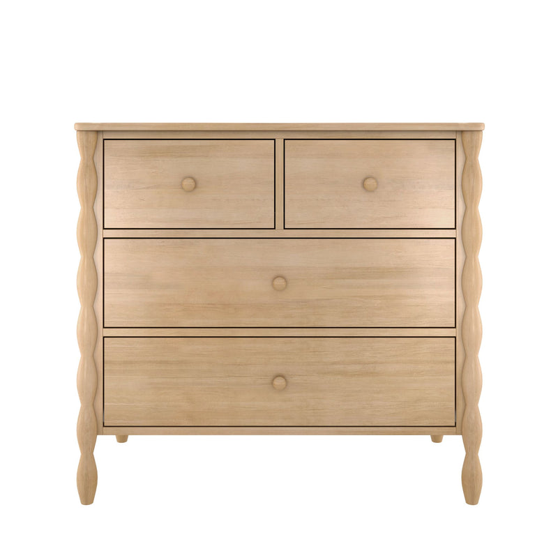 Light natural wood four-drawer dresser with turned scalloped legs and round knobs — modern farmhouse bedroom storage chest