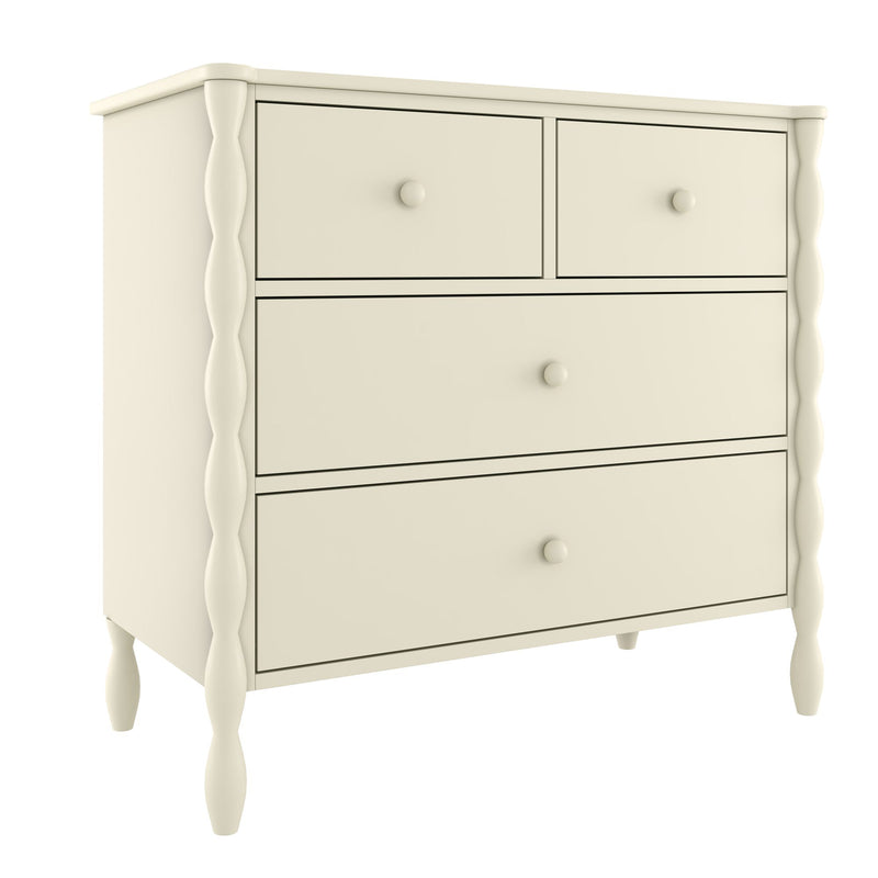 Cream wooden dresser with four drawers, turned carved legs and round knobs — beige vintage bedroom chest of drawers