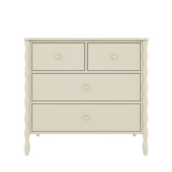 Cream painted wooden dresser chest of drawers with two small top drawers and two large lower drawers, turned spindle-style legs and round knob pulls for bedroom storage