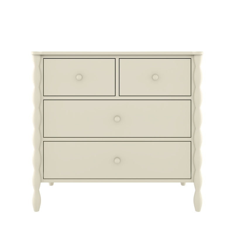 Cream painted wooden dresser chest of drawers with two small top drawers and two large lower drawers, turned spindle-style legs and round knob pulls for bedroom storage