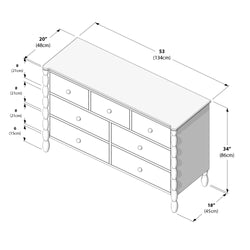 Isometric furniture diagram of a six-drawer bedroom dresser with turned legs and decorative side posts, labeled dimensions 53" (134 cm) long x 20" (48 cm) deep x 34" (86 cm) high with drawer spacing details — dresser dimensions blueprint for furniture buyers and DIY builders