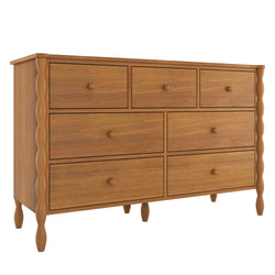 Mid-century modern wooden dresser with carved wavy legs and multiple spacious drawers in warm teak finish bedroom chest of drawers