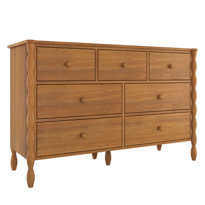 Mid-century modern wooden dresser with carved wavy legs and multiple spacious drawers in warm teak finish bedroom chest of drawers