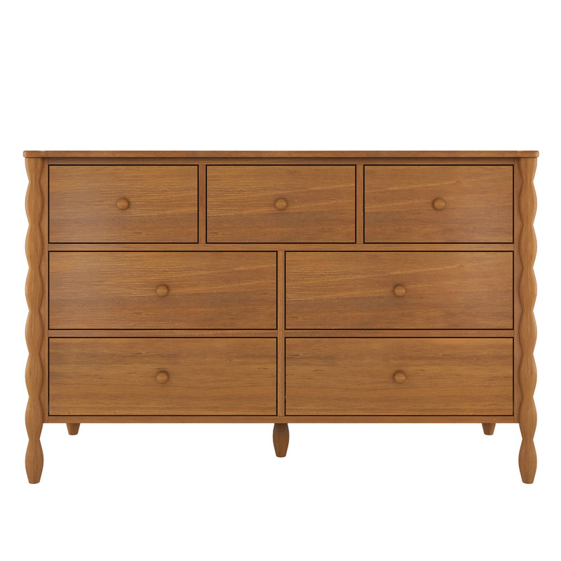 Mid-century modern wooden dresser in warm oak finish with multiple spacious drawers, turned legs and sculpted side details, ideal bedroom storage chest of drawers