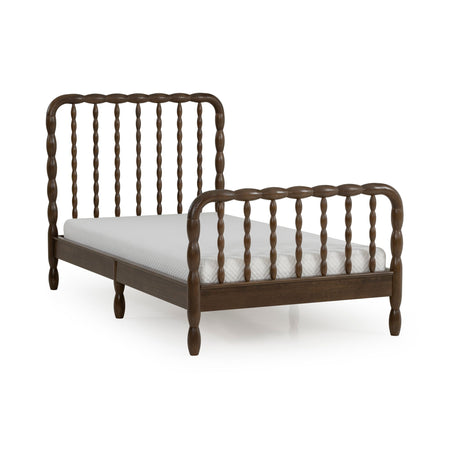 Dark walnut twin wooden spindle bed frame with turned posts, farmhouse-style headboard and footboard, solid wood platform with white mattress