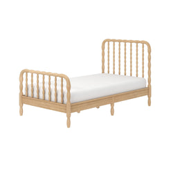 Natural wood spindle twin bed frame with white mattress, farmhouse-style oak bed with turned legs and slatted headboard