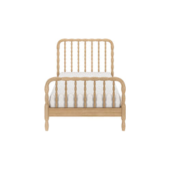 Natural oak spindle twin bed frame with turned spindles headboard and footboard, white mattress, solid wood construction
