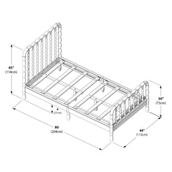 Twin wooden spindle bed frame technical drawing with slatted platform and labeled dimensions — 80×44 in (204×112 cm), headboard 45 in (114 cm), footboard 30 in (75 cm)
