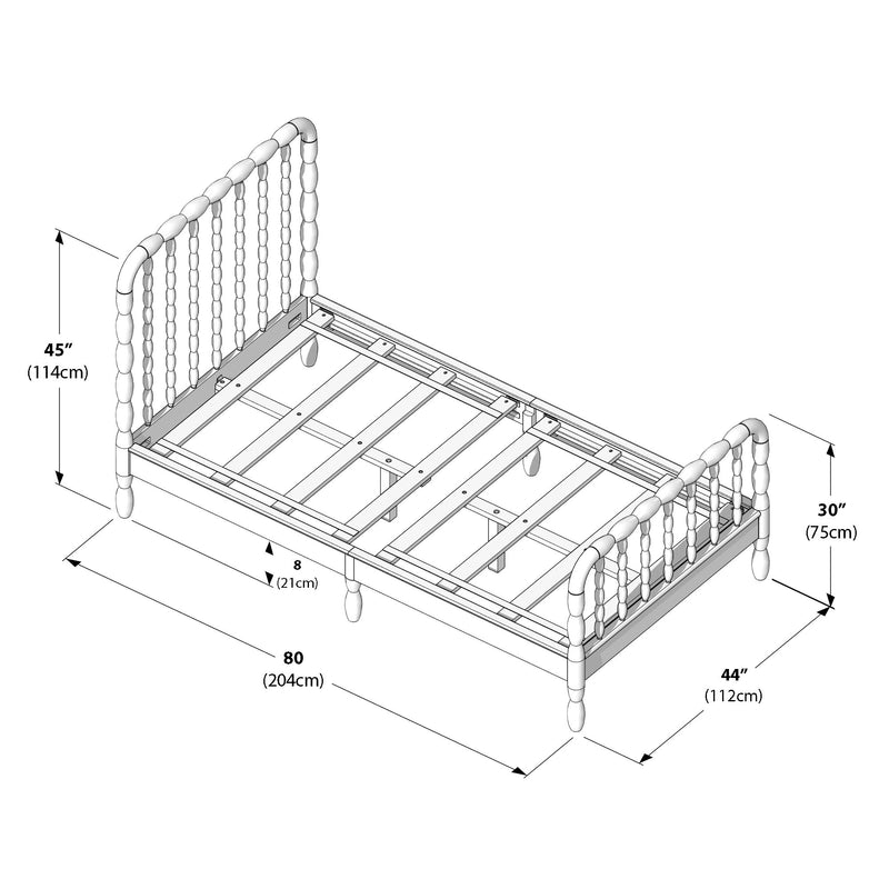 Twin wooden spindle bed frame technical drawing with slatted platform and labeled dimensions — 80×44 in (204×112 cm), headboard 45 in (114 cm), footboard 30 in (75 cm)