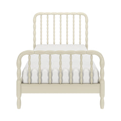 Cream wooden spindle twin bed frame with turned posts and white mattress, farmhouse-style bedroom furniture